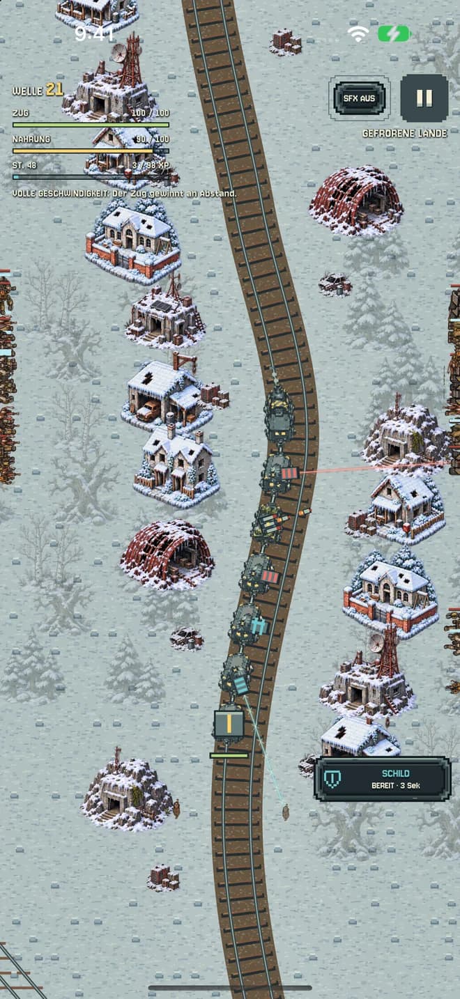 Der Konvoi durchquert eine Schneelandschaft mit verschneiten Bäumen und Gebäuden.
