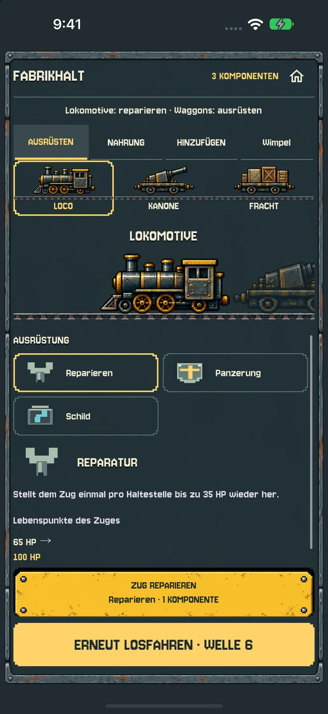 In der Fabrik kannst du die Lokomotive reparieren und die Waggons ausrüsten.