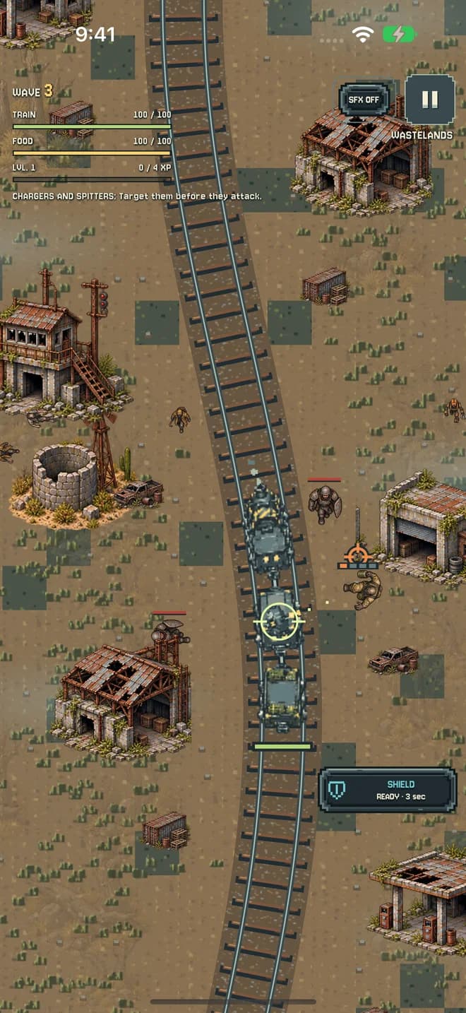 An armoured train fights enemies in the Industrial Wastelands on wave 3.