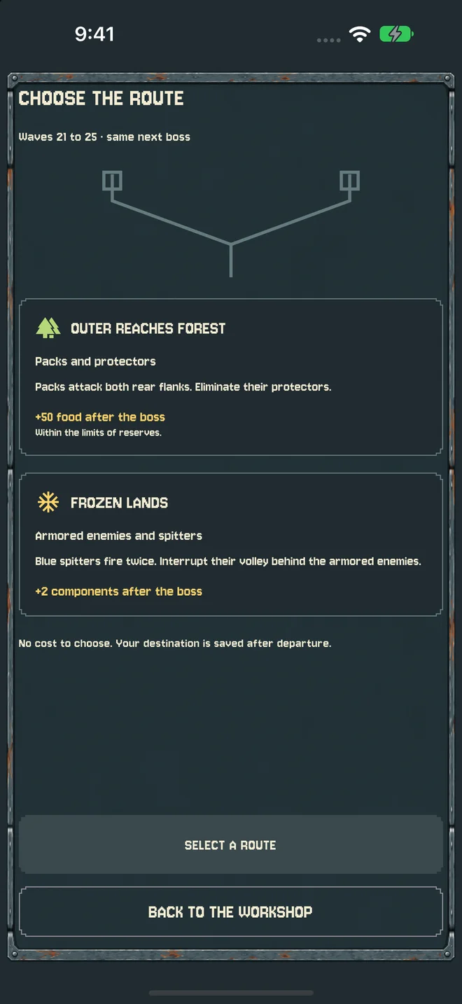 Game screen showing two routes, their threats and their rewards.