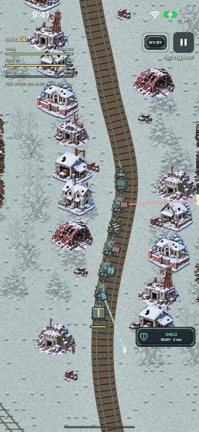 The convoy crosses a snowy landscape with snow-covered trees and buildings.