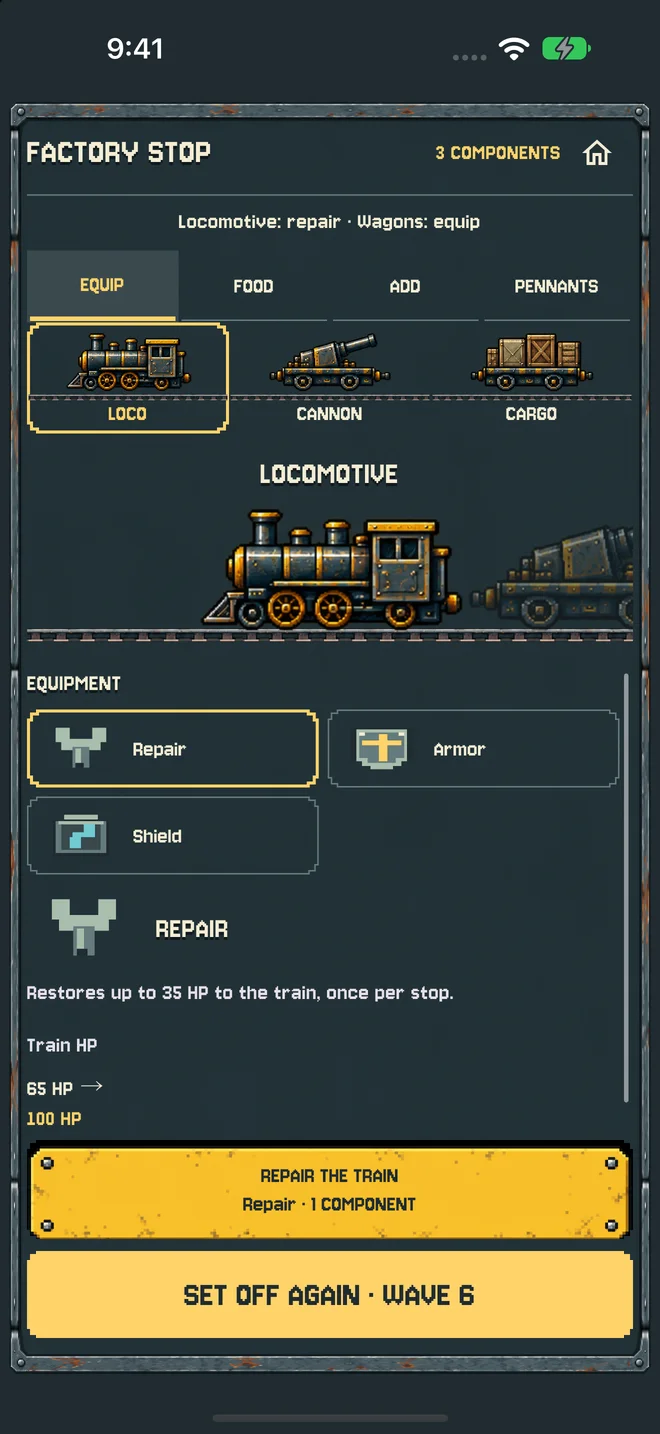At the factory, you can repair the locomotive and equip the wagons.