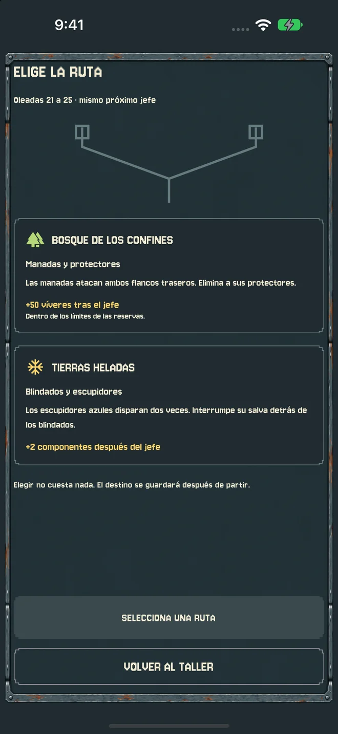 Pantalla del juego con dos rutas, sus amenazas y sus recompensas.