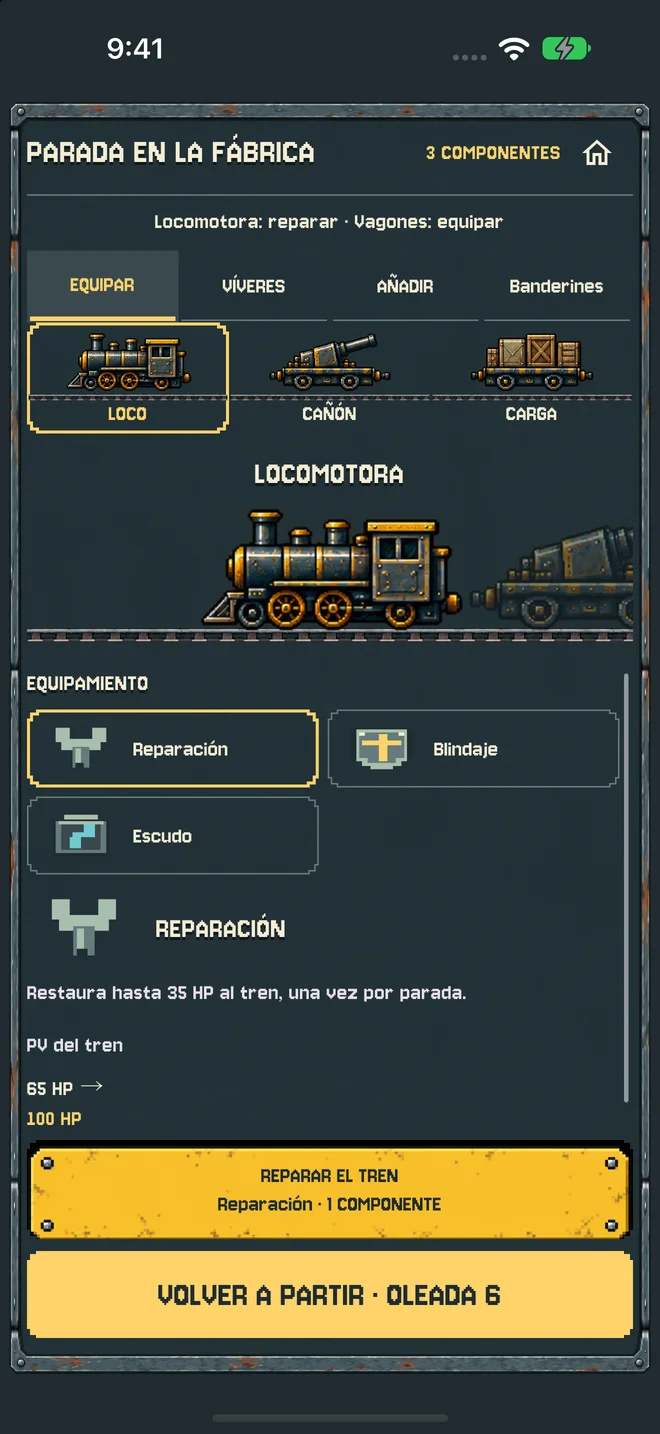 En la fábrica puedes reparar la locomotora y equipar los vagones.