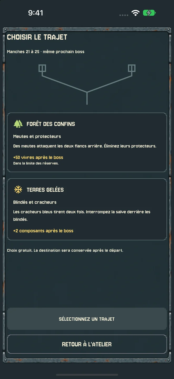 Écran du jeu présentant deux trajets, leurs menaces et leurs récompenses.