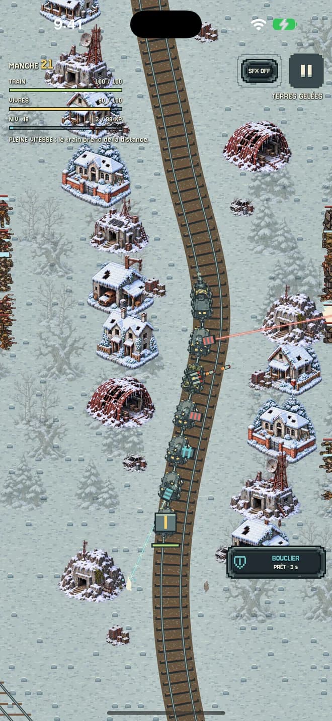 Le convoi traverse un paysage enneigé, avec des arbres et des bâtiments couverts de neige.