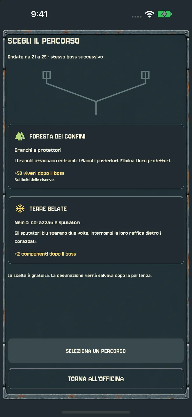 Schermata di gioco con due percorsi, le loro minacce e ricompense.