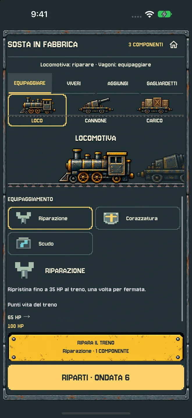 In fabbrica puoi riparare la locomotiva ed equipaggiare i vagoni.